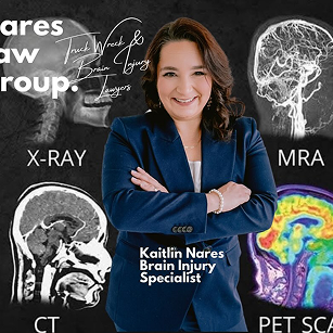 Kaitlin Nares stands confidently in a navy blazer with arms crossed. Behind her are brain imaging scans labeled X-Ray, CT, MRA, and PET Scan.