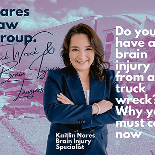 Kaitlin Nares stands confidently in a navy blazer with arms crossed in front of a truck wreck background.
