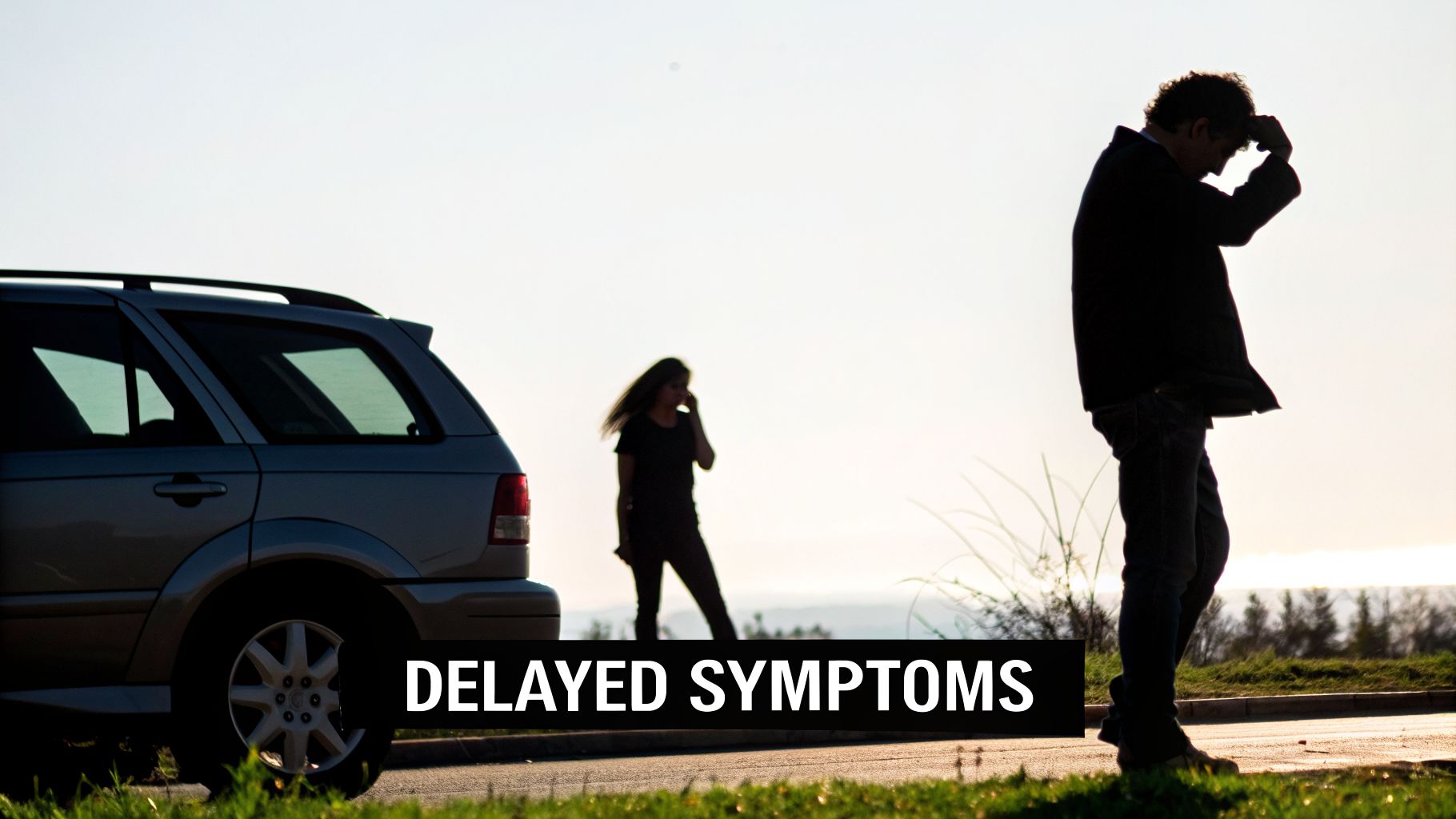 Silhouetted man looking distressed, woman on phone near car, text 'DELAYED SYMPTOMS'.