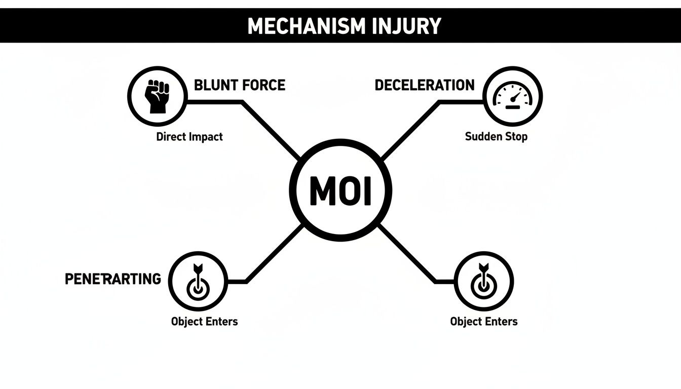 Diagram explaining Mechanism of Injury (MOI) with Blunt Force (Direct Impact), Deceleration (Sudden Stop), and Penetrating (Object Enters).
