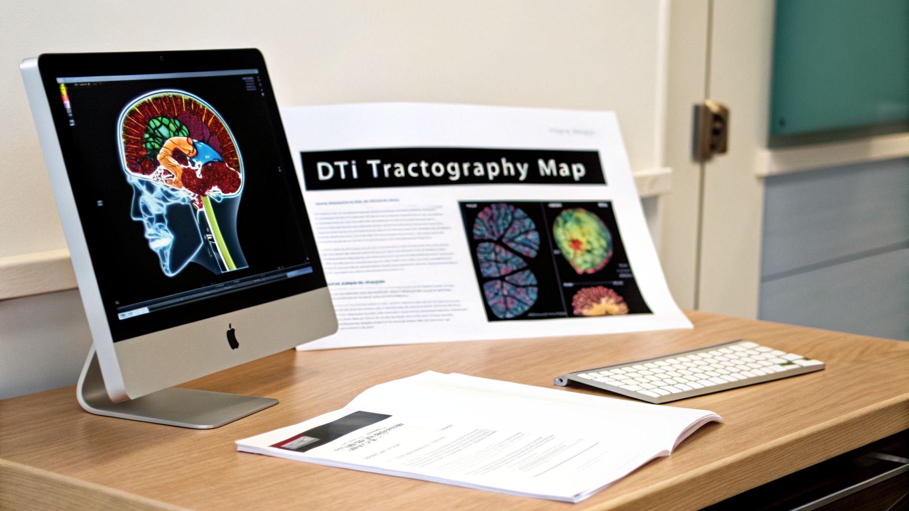 A desk with an iMac displaying a colorful DTI brain scan, a research paper, and a keyboard.