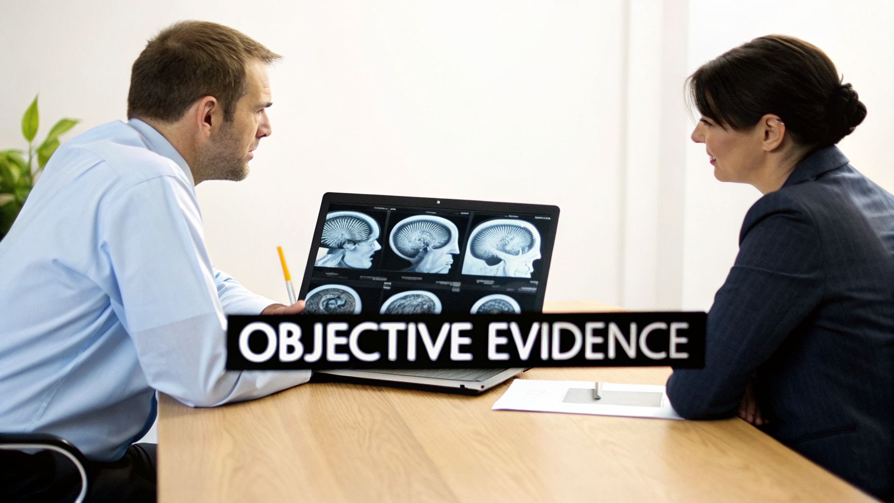 Two professionals analyze brain scans on a laptop, discussing objective evidence at a wooden table.