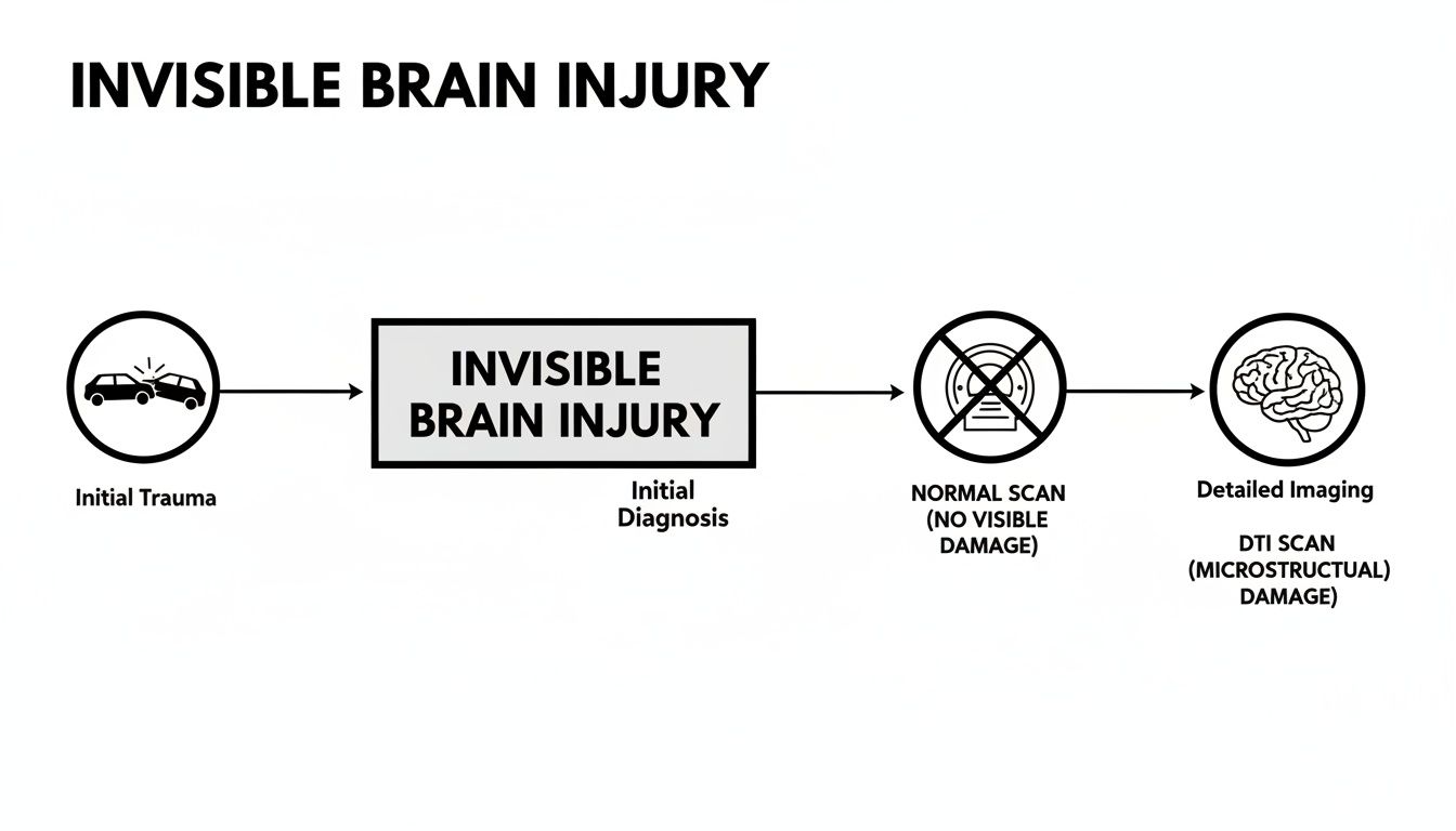 Flowchart illustrating the diagnosis of invisible brain injury, from initial trauma to detailed DTI scans revealing microstructural damage.