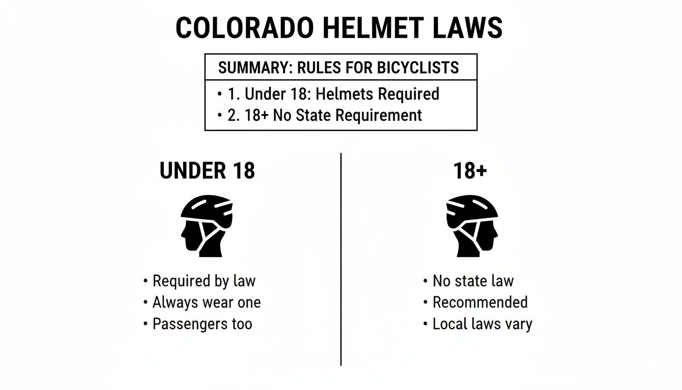 An infographic summarizing Colorado helmet laws for bicyclists, differentiating requirements for under 18 and 18+ riders.