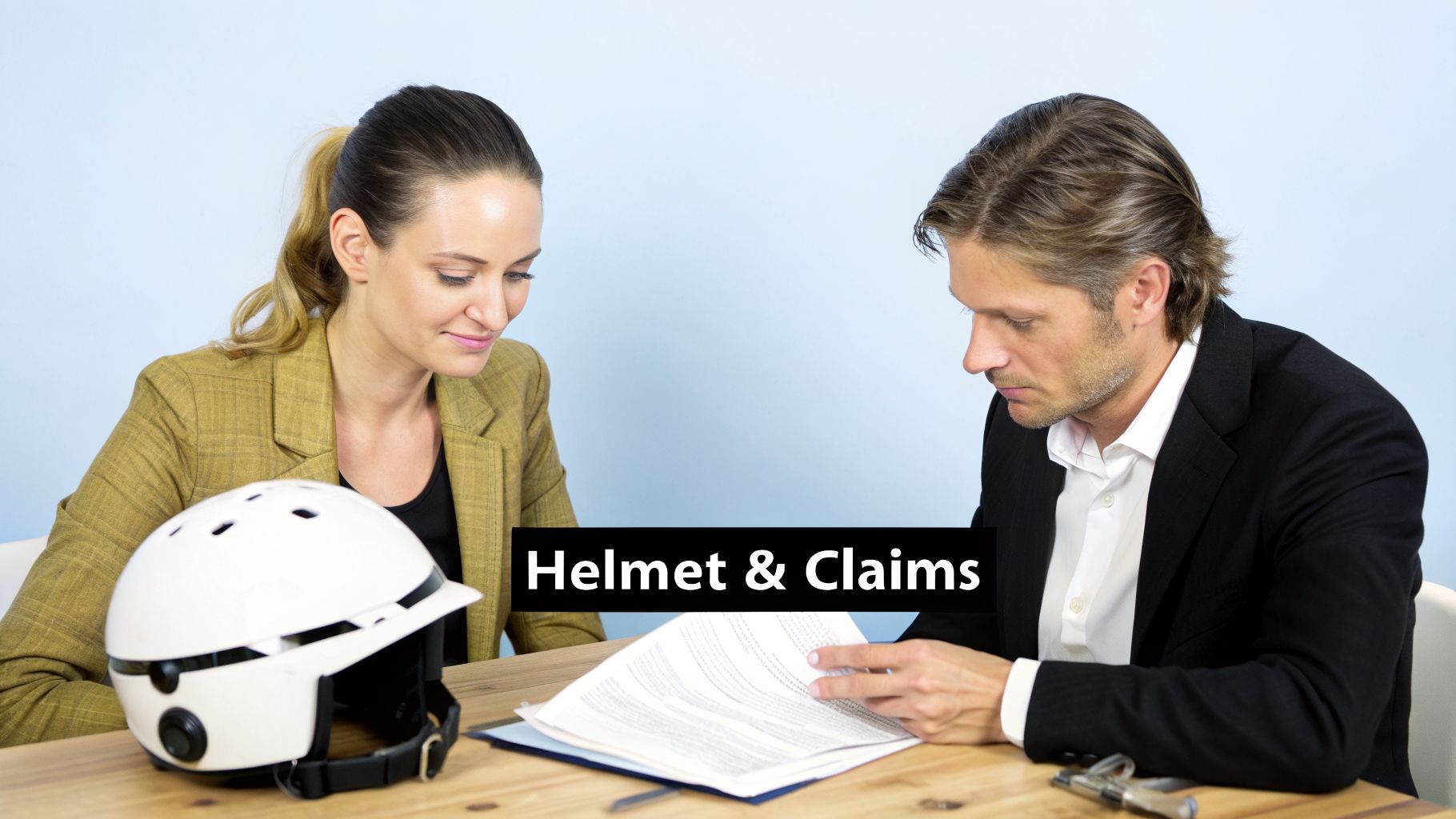 Two professionals discuss documents on a wooden table with a white helmet nearby, suggesting claims.
