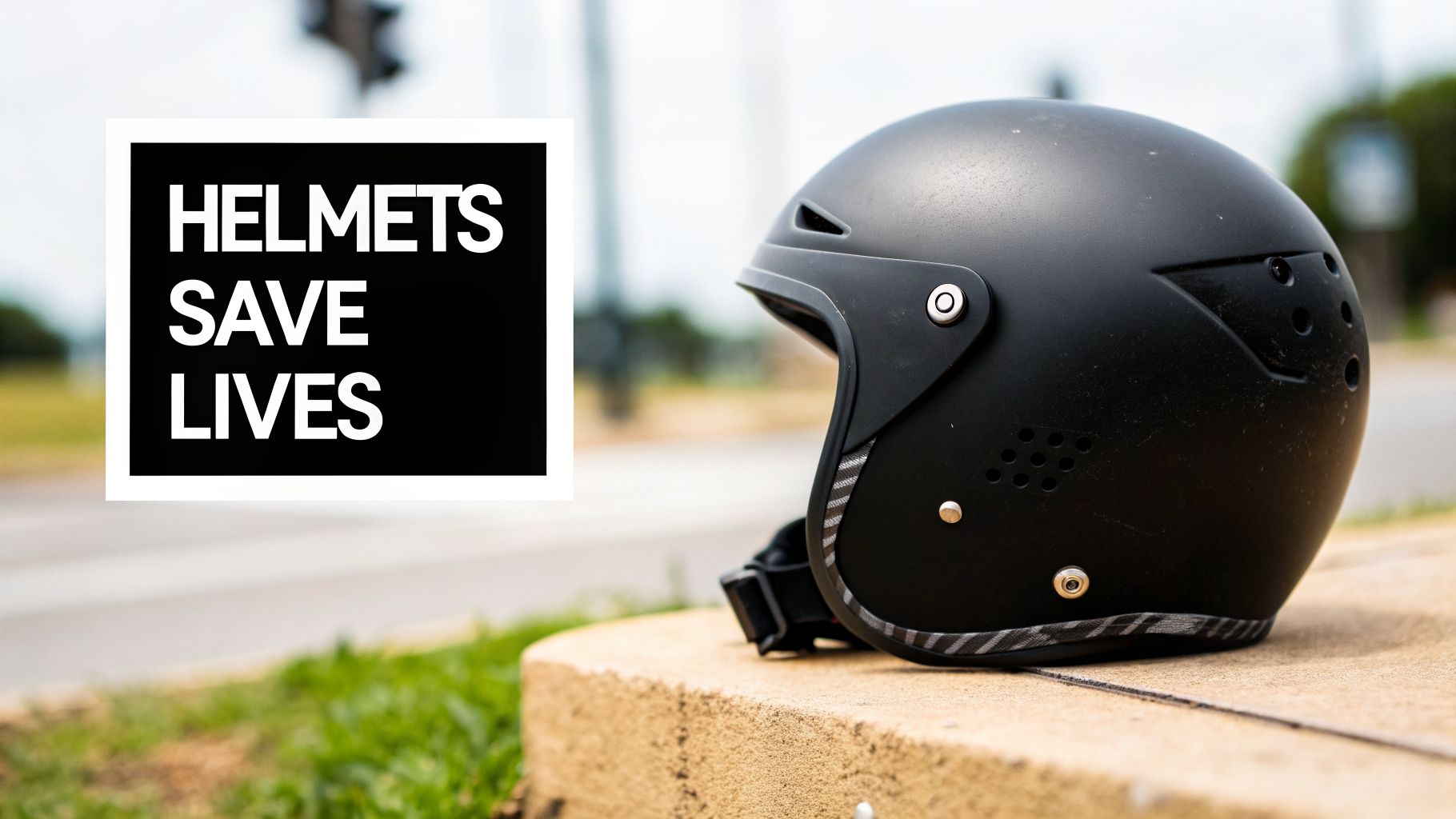 A black motorcycle helmet rests on a concrete ledge with a 'HELMETS SAVE LIVES' sign.