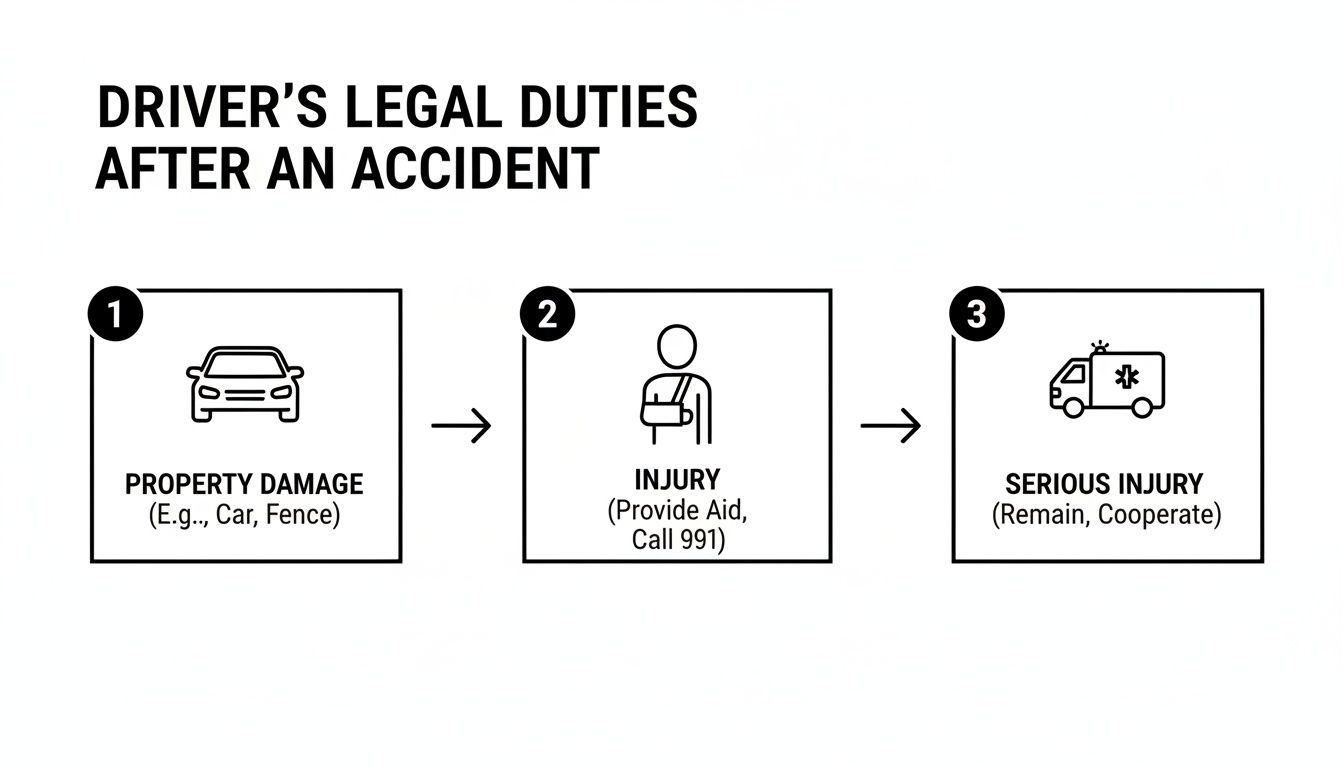 Flowchart illustrating a driver's legal duties after an accident, categorized by property damage, injury, and serious injury.