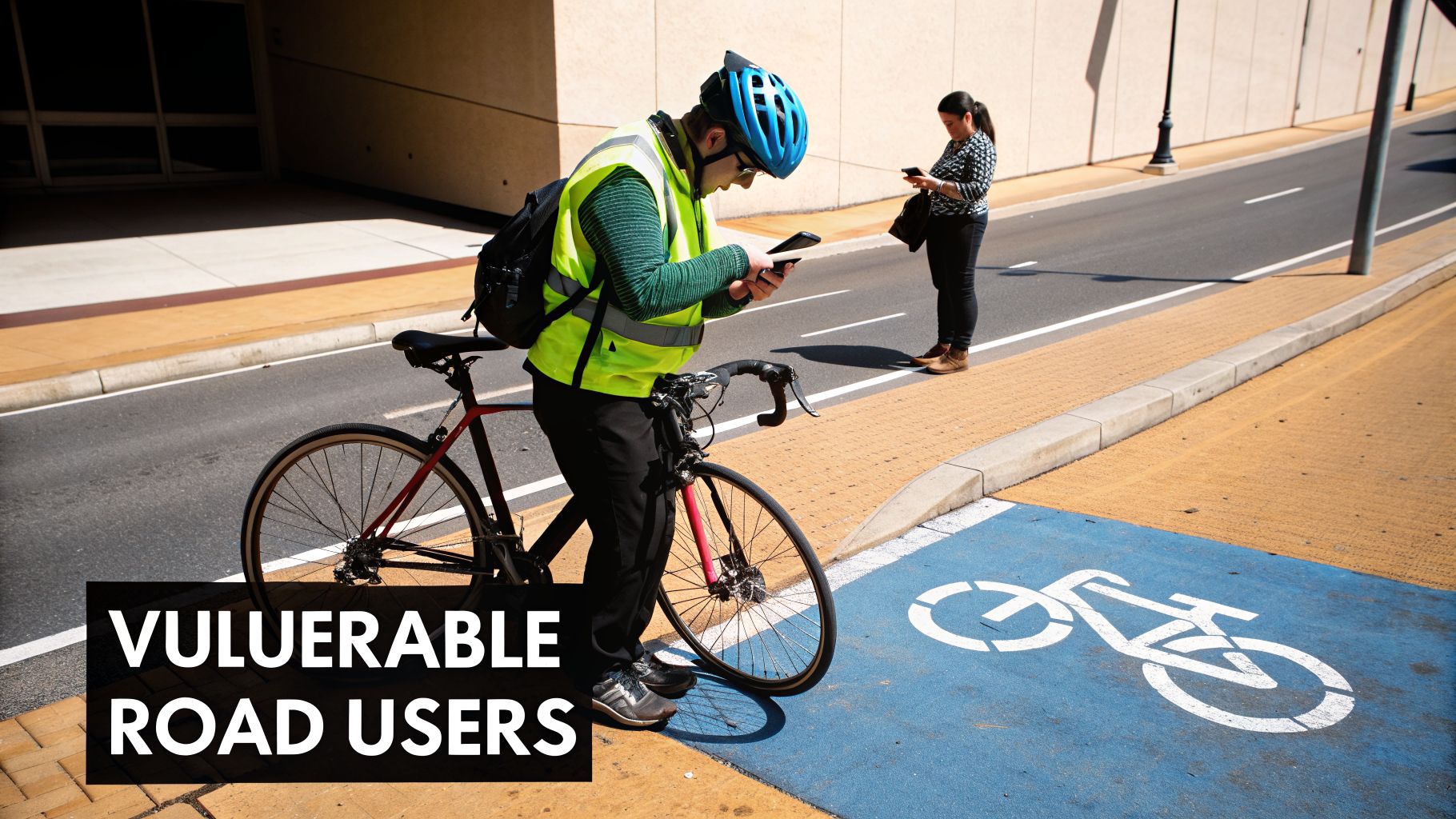 A person on a bike wearing a helmet and high-vis vest uses a phone near a blue bike lane.