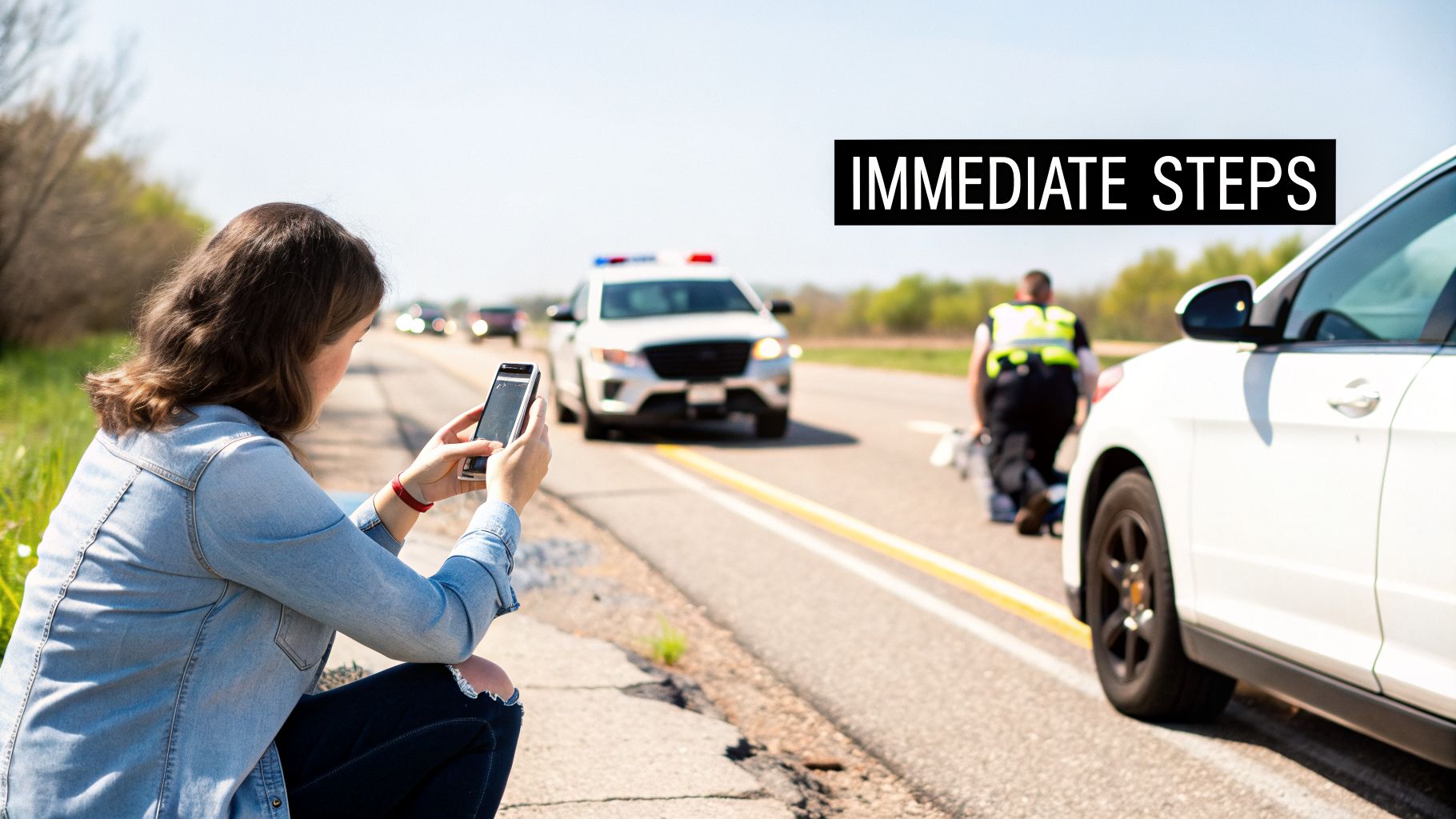 Woman on roadside looking at phone near a police car and officer at a car incident.