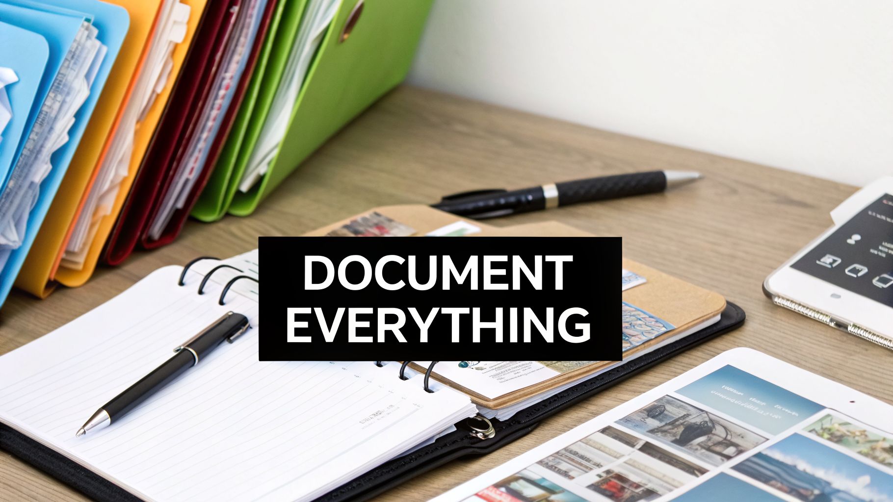 A desk with colorful file folders, notebooks, pens, and digital devices, featuring the text 'DOCUMENT EVERYTHING'.