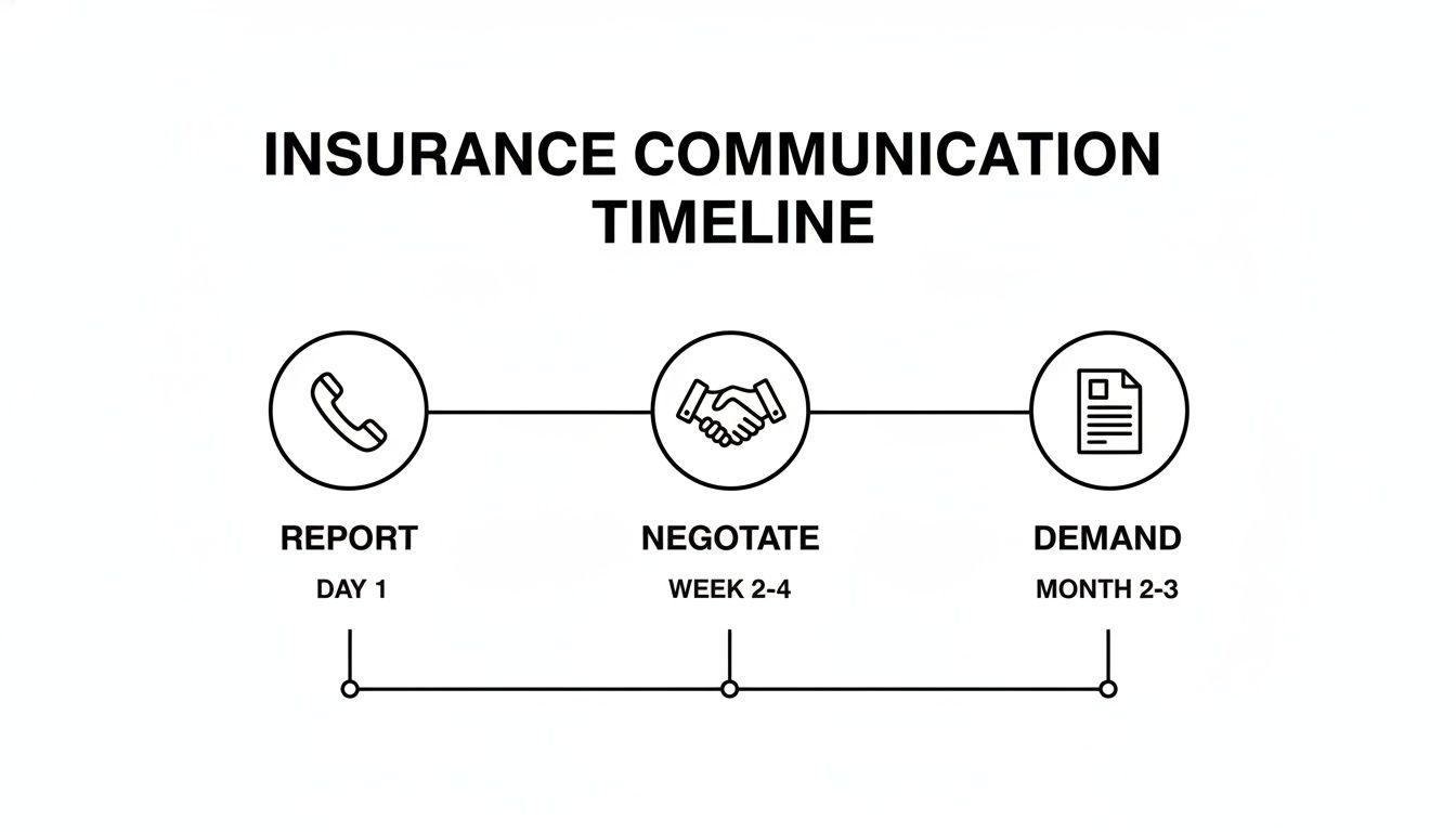 Timeline showing insurance communication stages: Report (Day 1), Negotiate (Week 2-4), and Demand (Month 2-3).