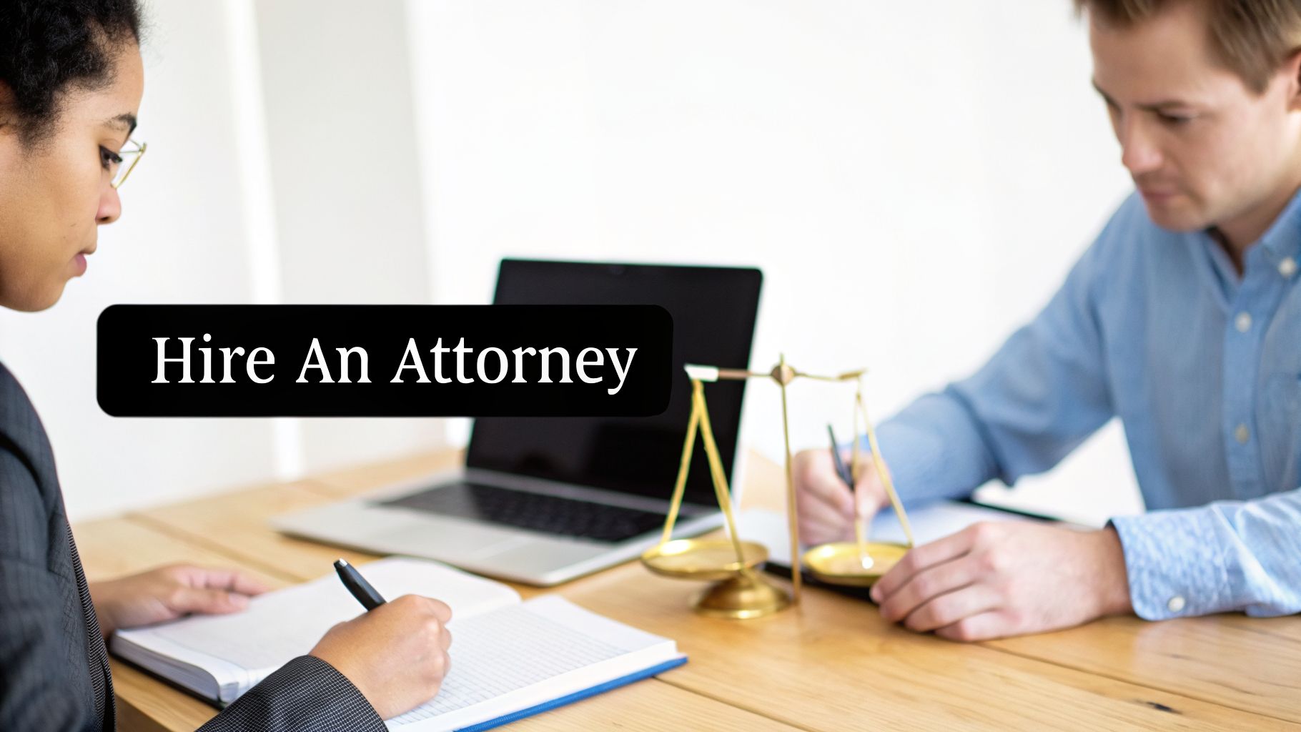 A lawyer and client consult at a desk with a laptop and scales of justice, next to 'Hire An Attorney' text.