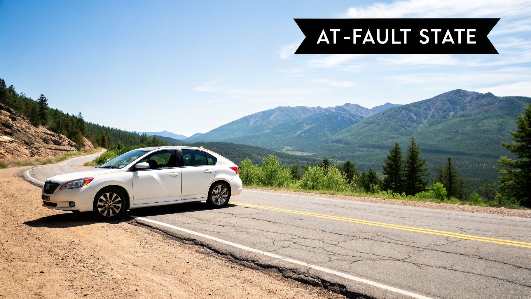 A white car is parked on the shoulder of a scenic mountain road, with an 'AT-FAULT STATE' banner.