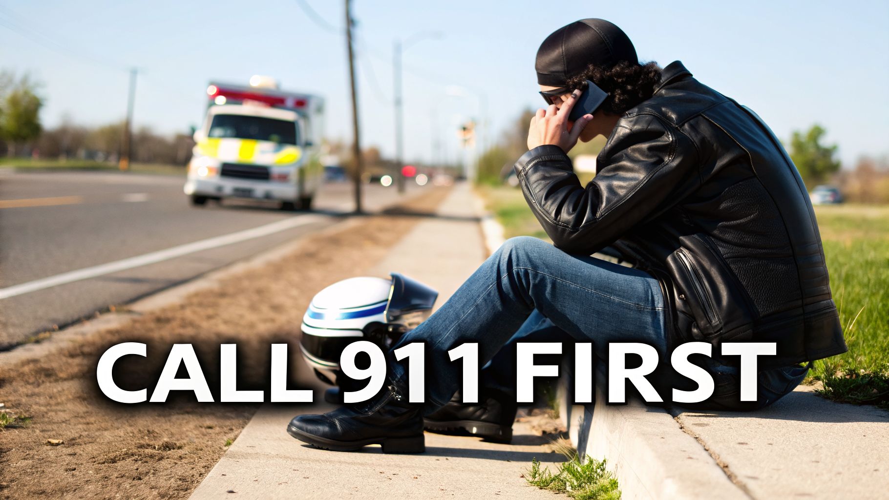 A motorcyclist in a leather jacket sits on a curb, calling on a cell phone, with an ambulance in the blurry background. Text reads: CALL 911 FIRST.