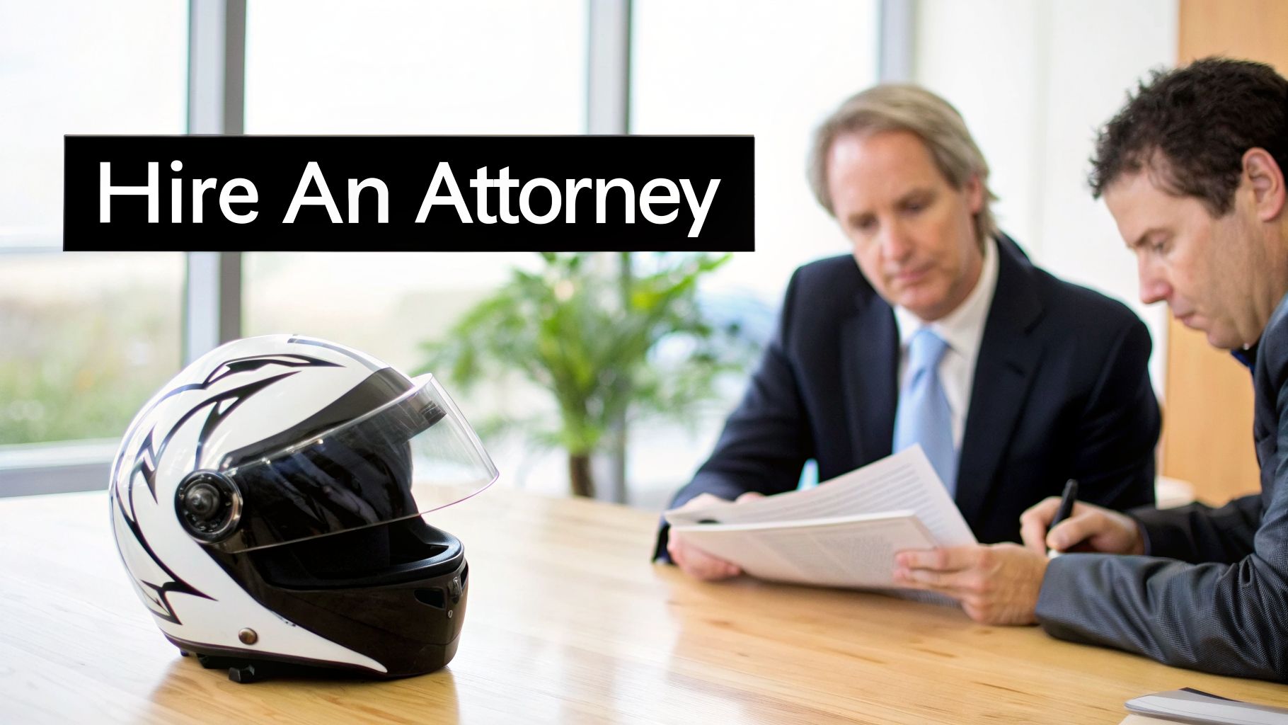A motorcycle helmet on a table with two attorneys reviewing documents in the background, with text 'Hire An Attorney'.