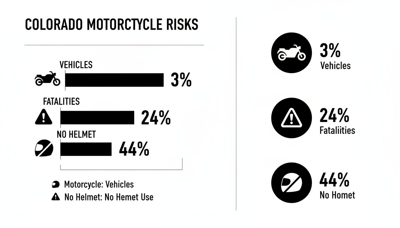 Infographic showing Colorado motorcycle risks: 3% of vehicles, 24% of fatalities, and 44% no helmet.