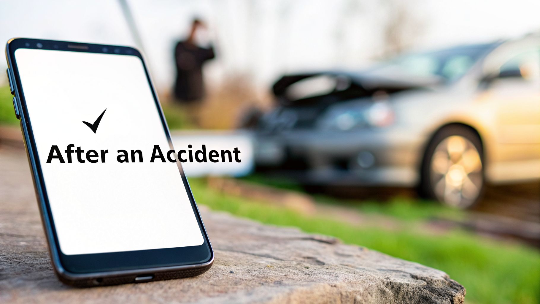 A smartphone displays 'After an Accident' on its screen with a damaged car in the background.