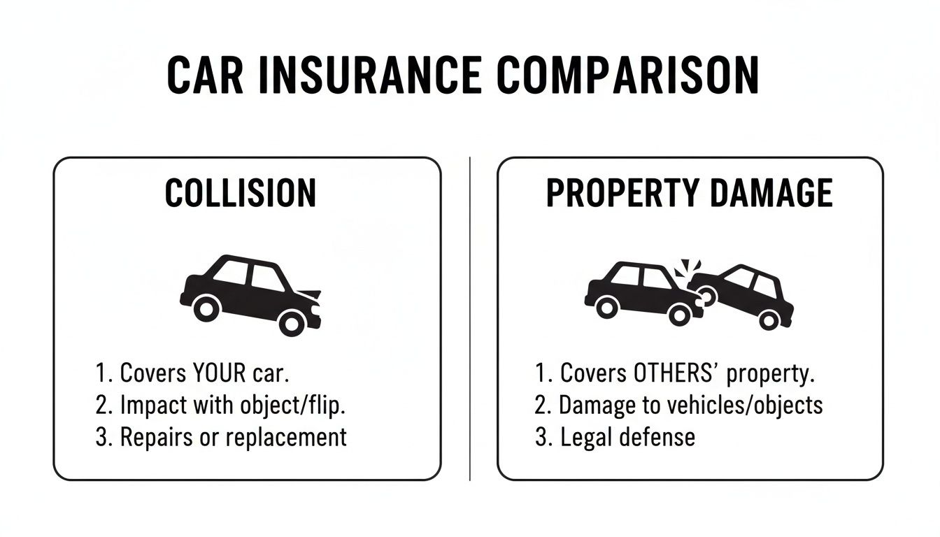 A car insurance comparison graphic showing collision insurance for your car and property damage for others' property.