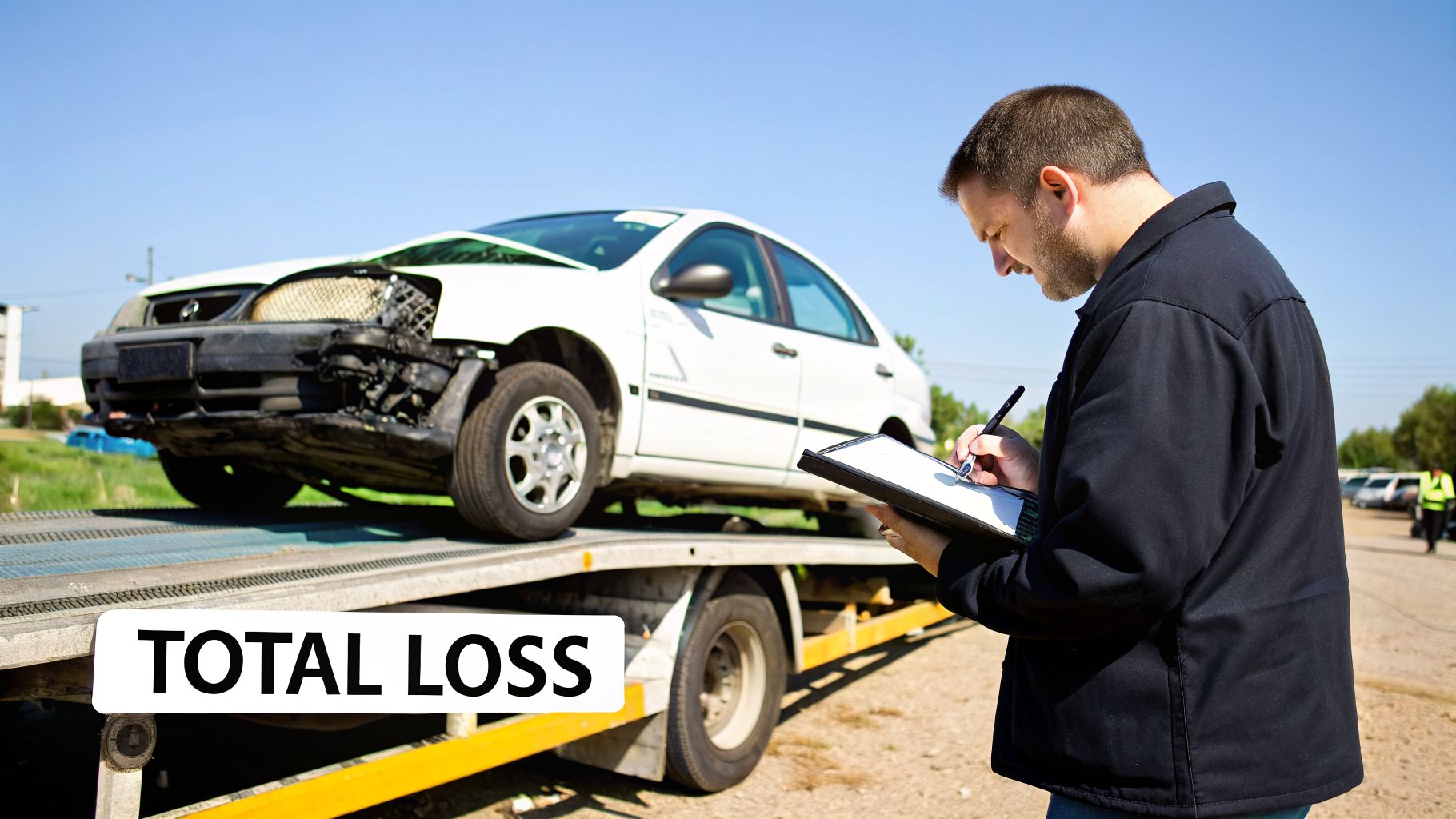 An insurance adjuster inspects a white, severely damaged car on a tow truck, marked 'TOTAL LOSS'.