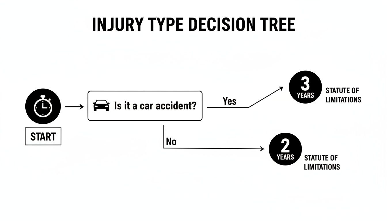 A decision tree illustrating the statute of limitations for personal injury cases based on accident type.