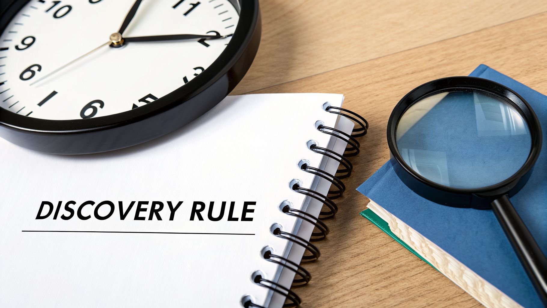 Notebook page with 'DISCOVERY RULE' written, next to a clock and a magnifying glass on books.