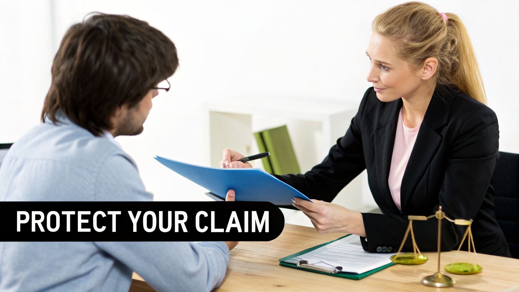 A female lawyer advises a male client on protecting his claim, with a scale of justice on the table.