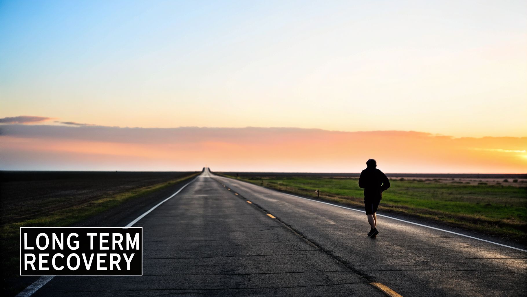 A lone runner on a long, straight road at sunset with vast fields, symbolizing long-term recovery.