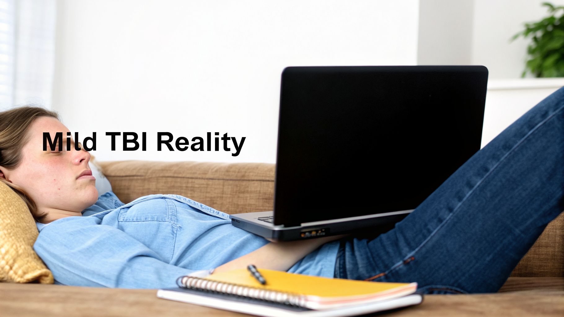 A woman rests on a couch with a laptop, reflecting the reality of mild TBI recovery.