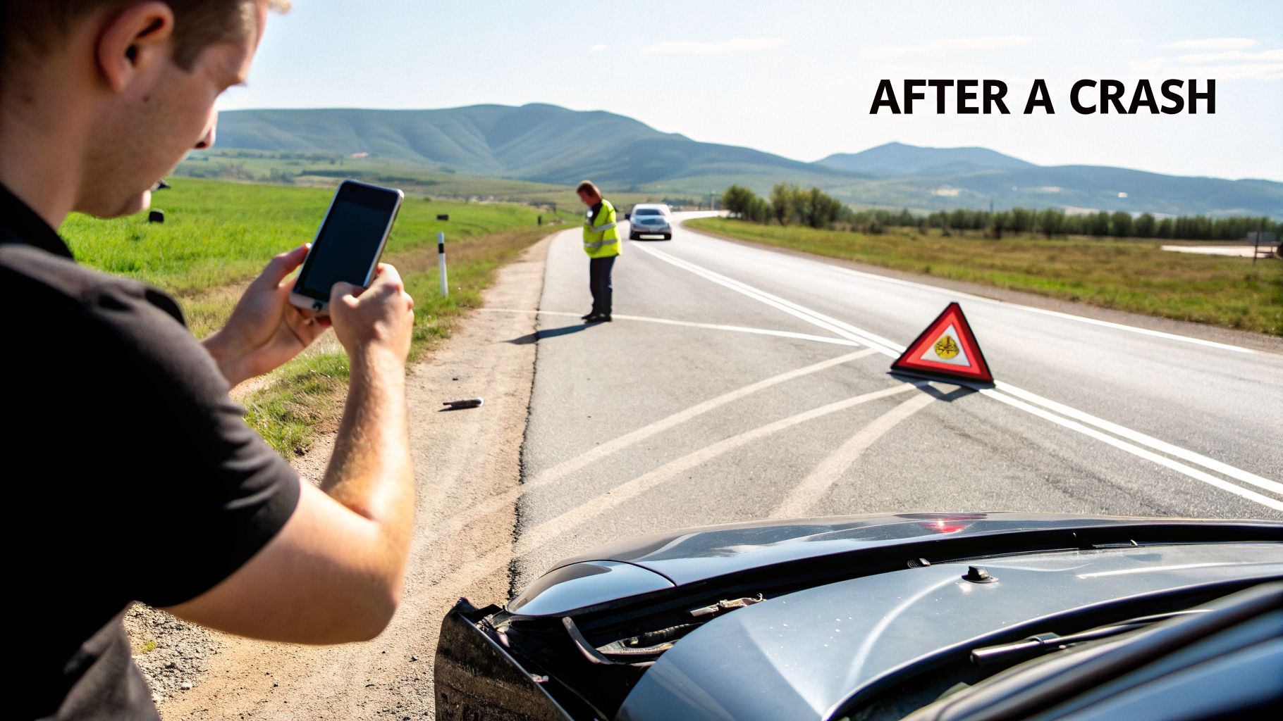 Man uses phone to document car crash scene with a hazard triangle and another person on the road.