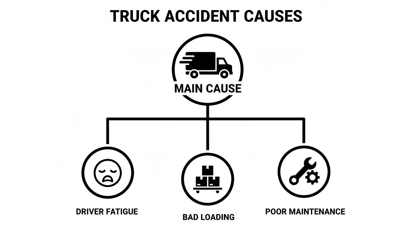 Flowchart illustrating common truck accident causes: driver fatigue, bad loading, and poor maintenance.