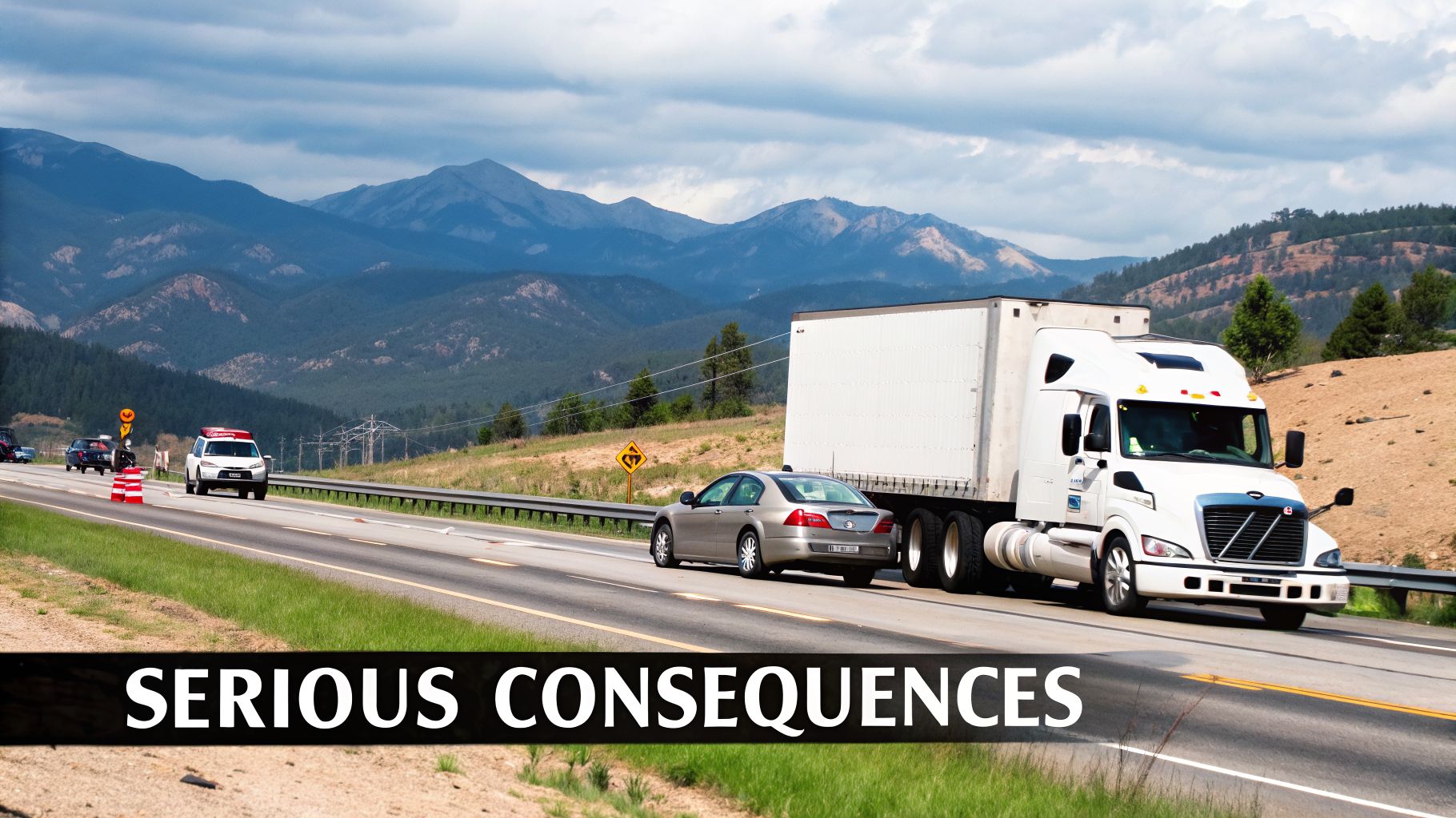 A semi-truck and cars drive on a multi-lane mountain highway under cloudy skies.