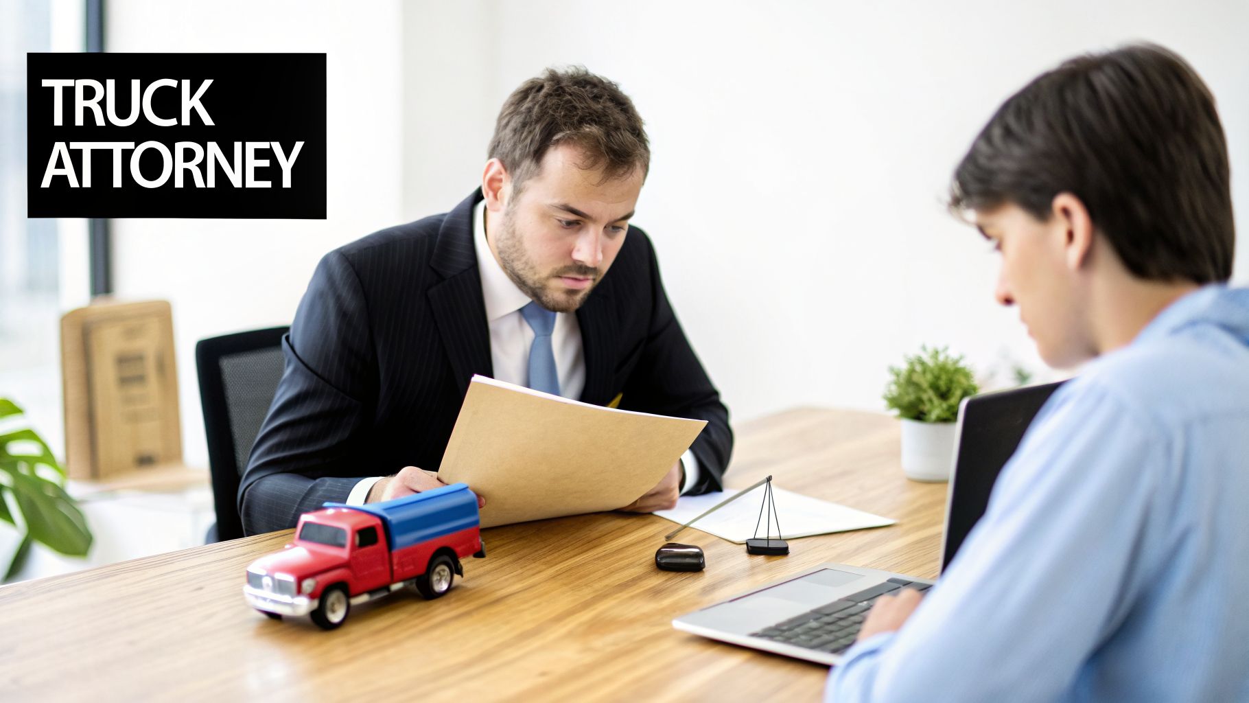 A truck attorney consults with a client at a desk, with a toy truck and scales of justice.