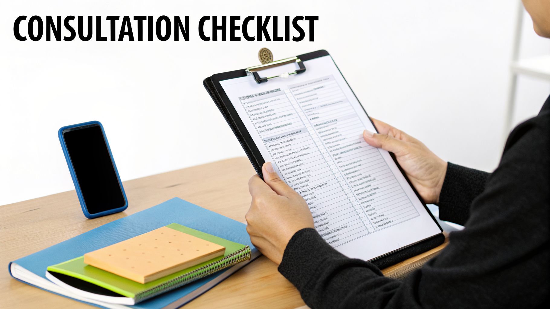 Person reviewing a 'CONSULTATION CHECKLIST' on a clipboard with a smartphone and notebooks on a desk.