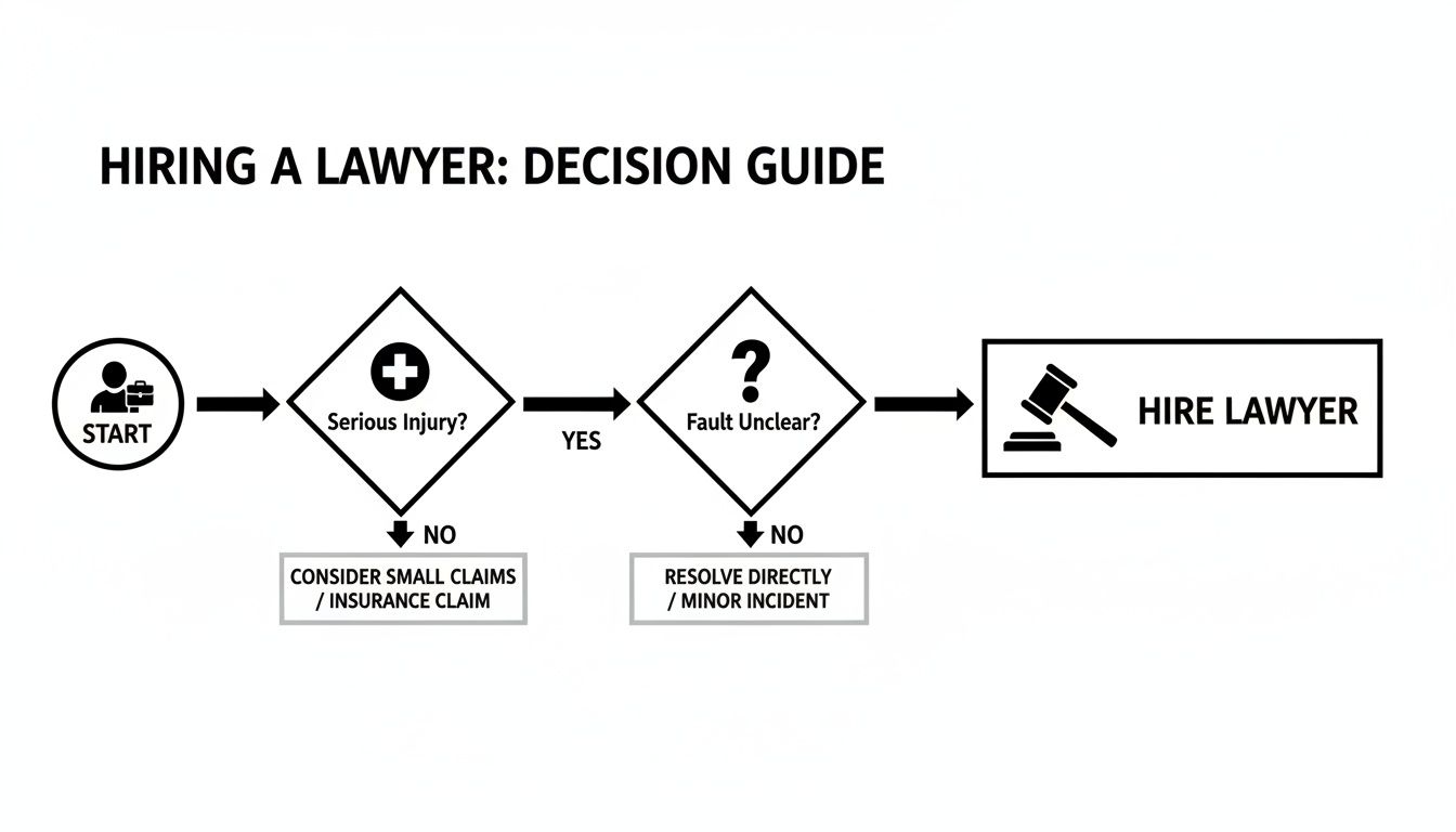 Flowchart decision guide for hiring a lawyer based on serious injury and fault clarity.