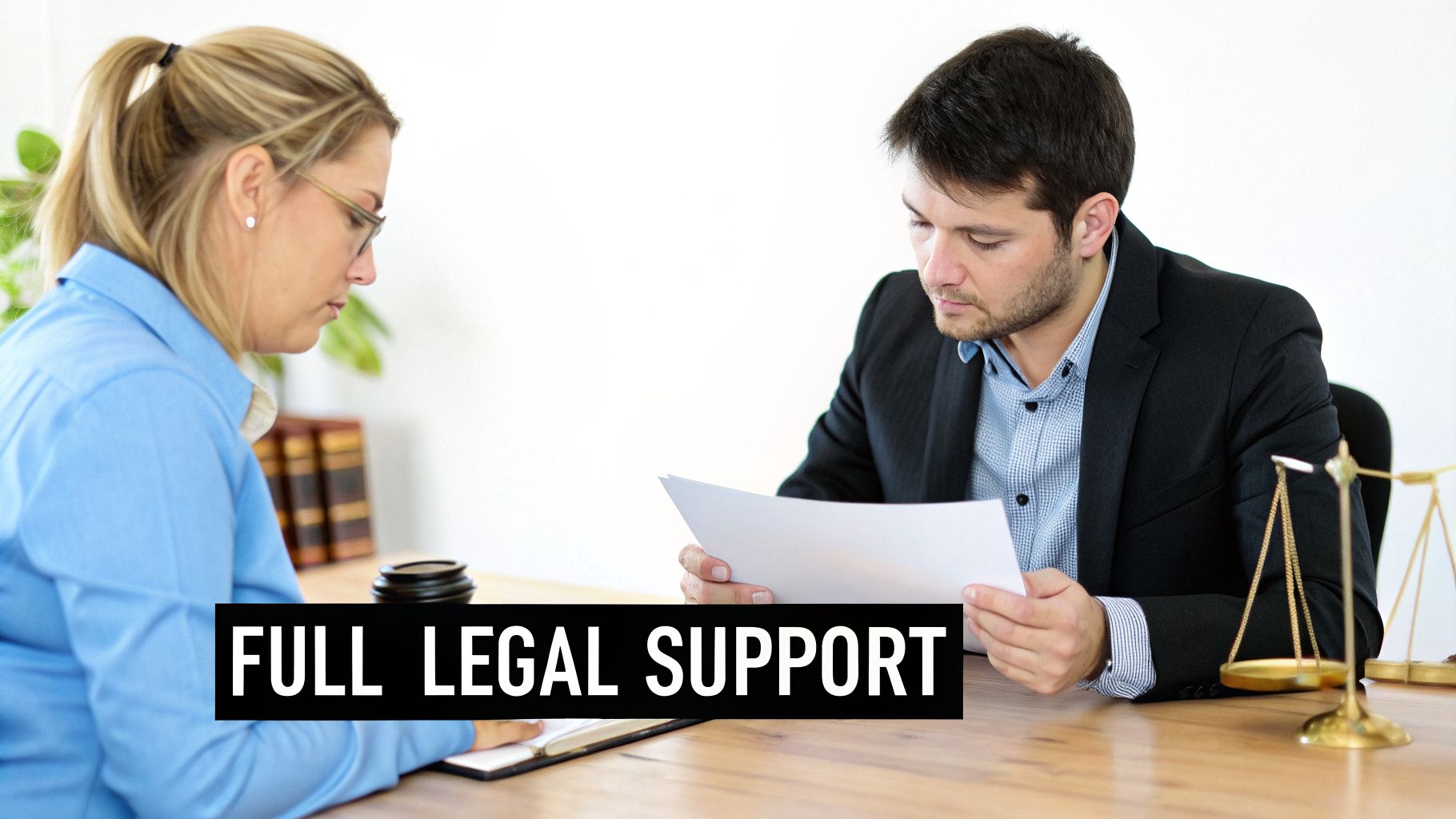 A man in a suit and a woman in a blue shirt review documents, with scales of justice on the table, offering full legal support.