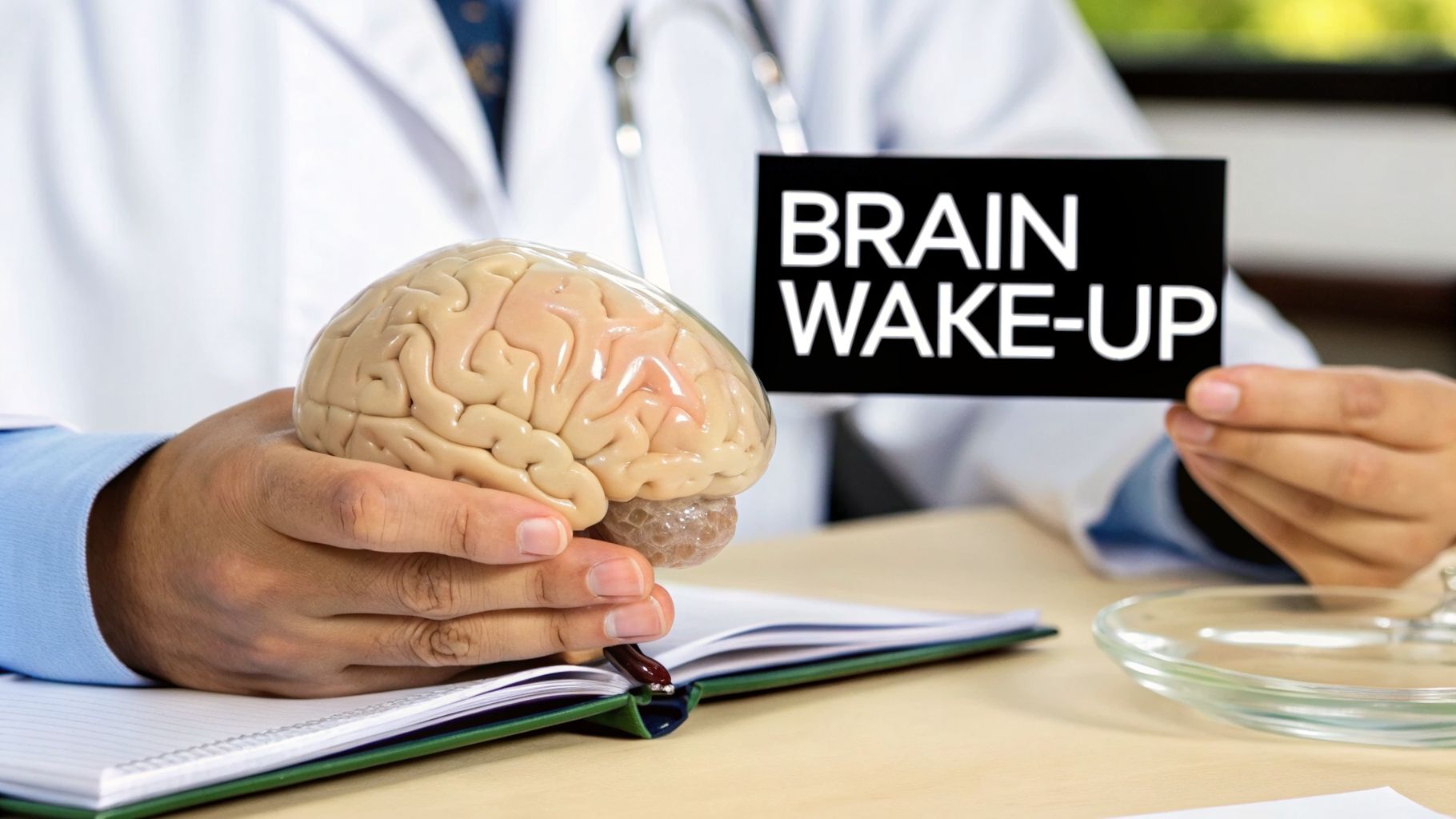 Doctor holding a brain model and a 'BRAIN WAKE-UP' sign, emphasizing neurological health.