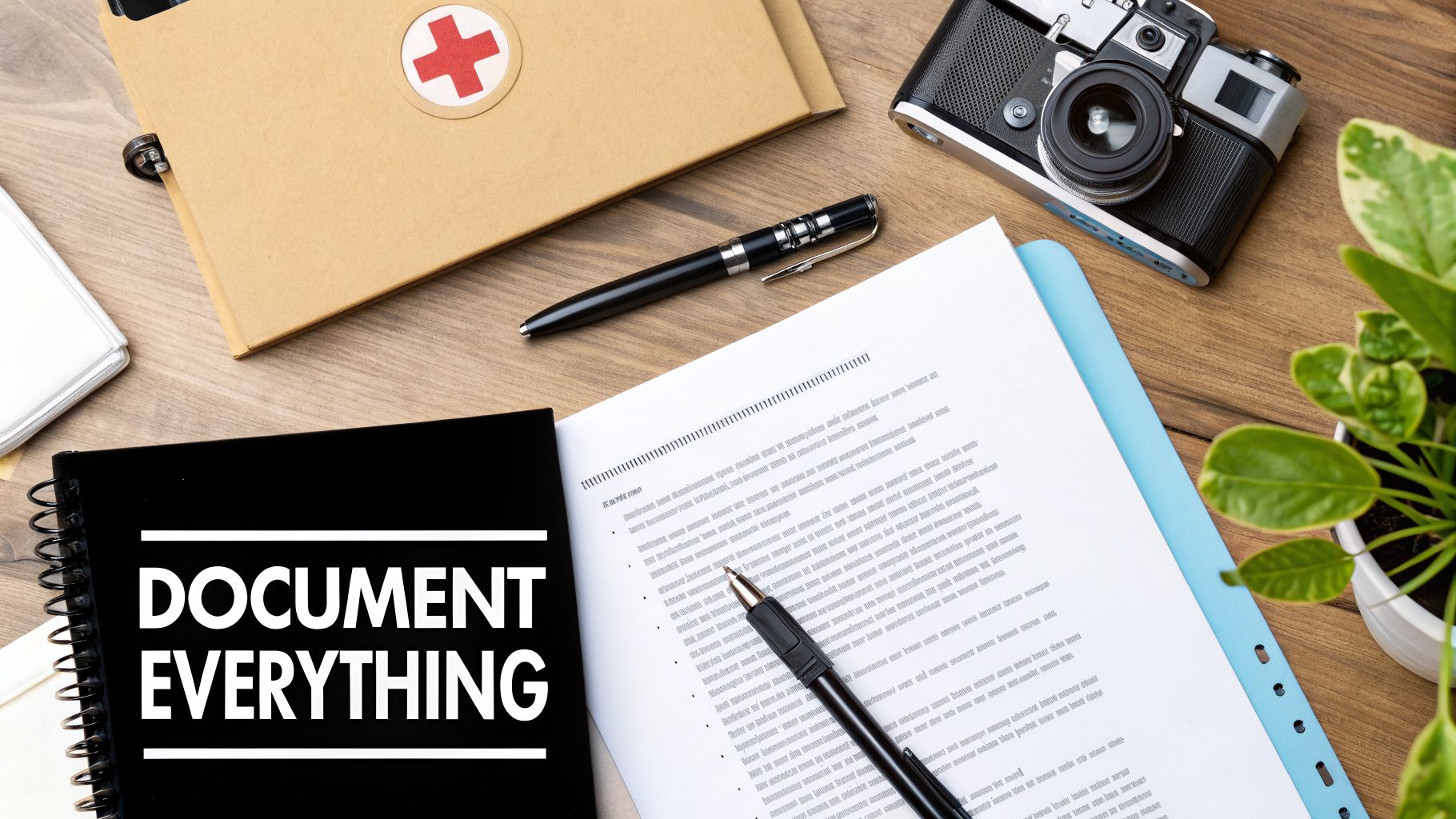 Overhead shot of a wooden desk with a black notebook, medical folder, vintage camera, pen, and documents.