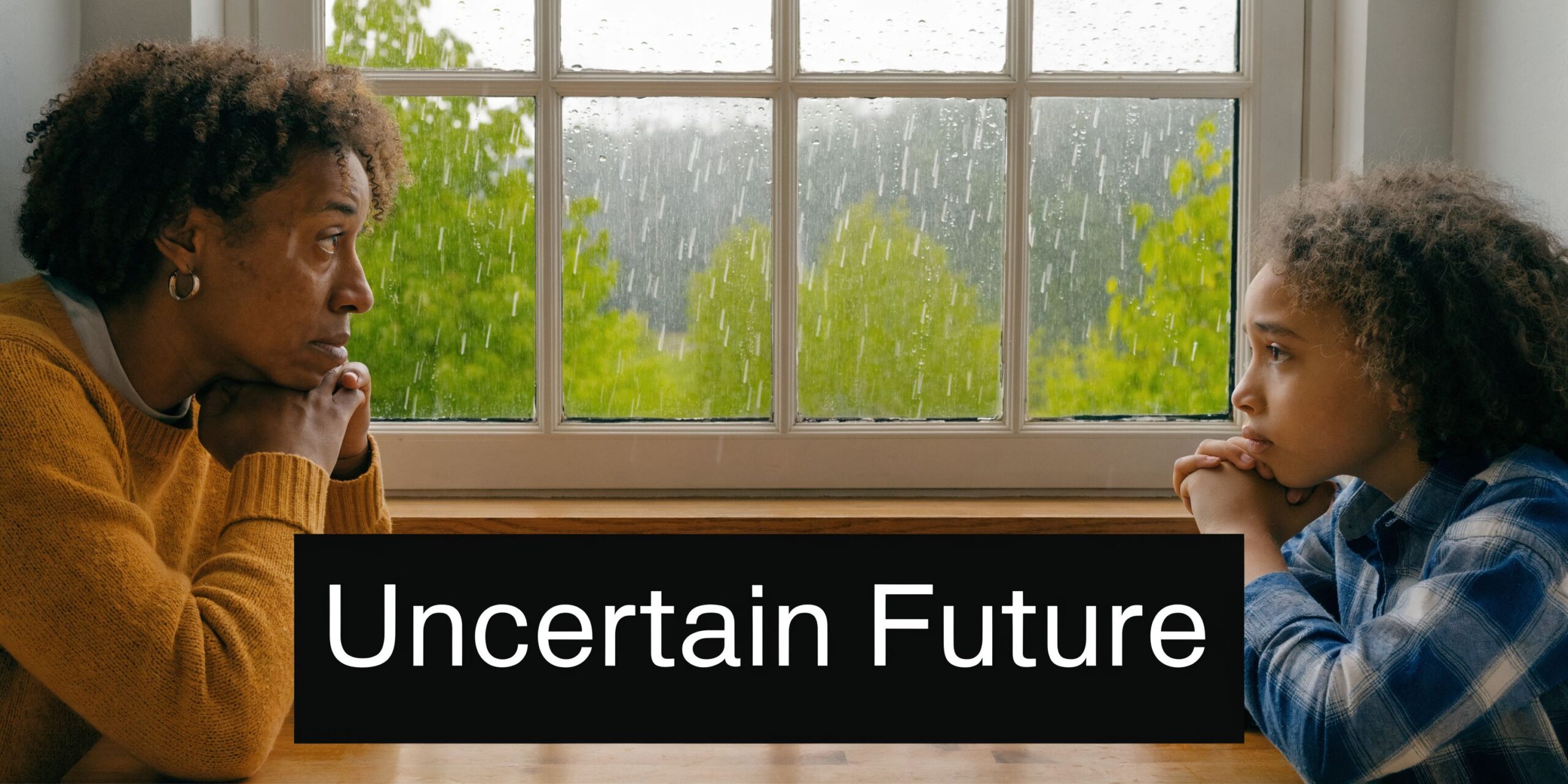A mother and daughter looking at each other with somber expressions while sitting by a rainy window.