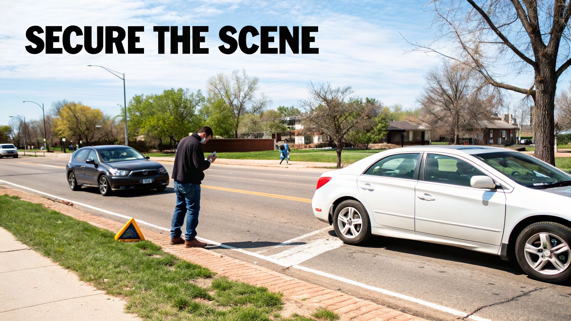 A masked man reviews his phone by a white car, a warning triangle visible after a roadside incident.
