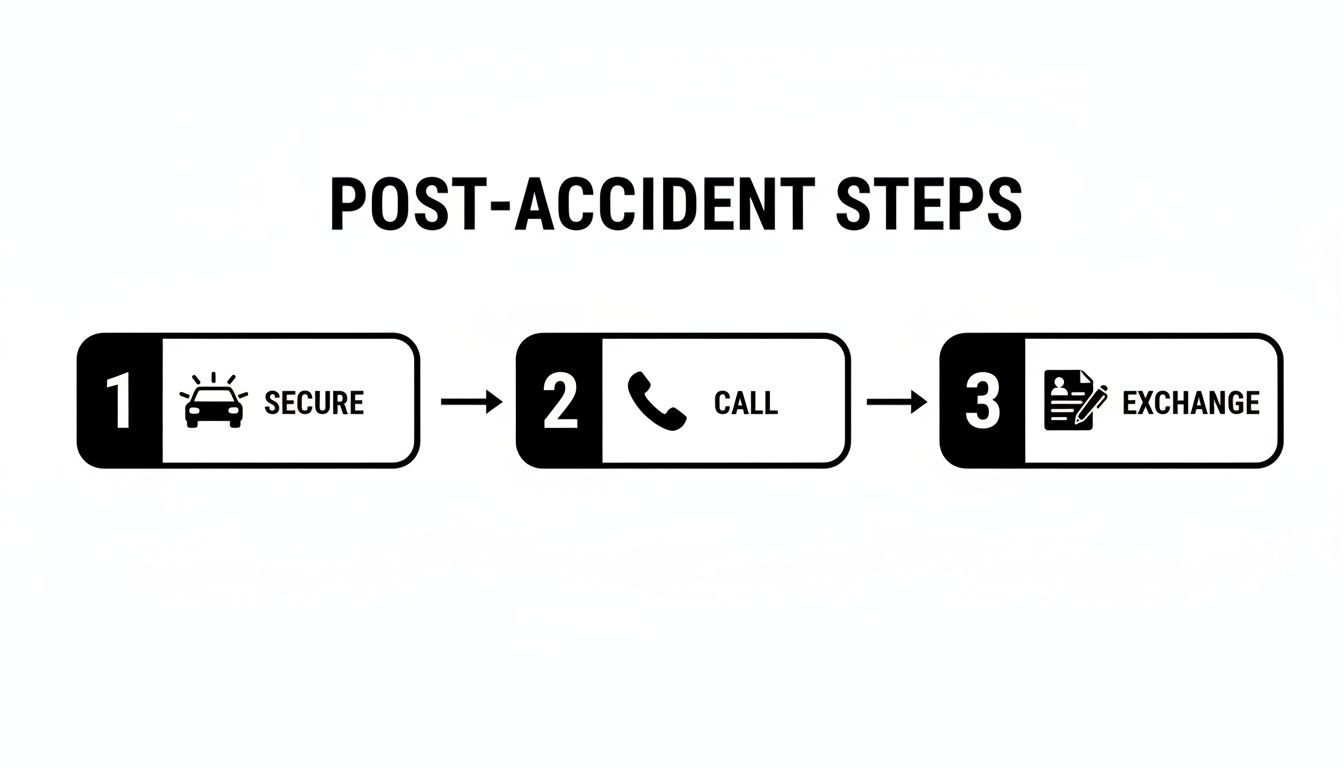 A clear graphic outlining three crucial post-accident steps: secure the scene, call emergency services, and exchange information.
