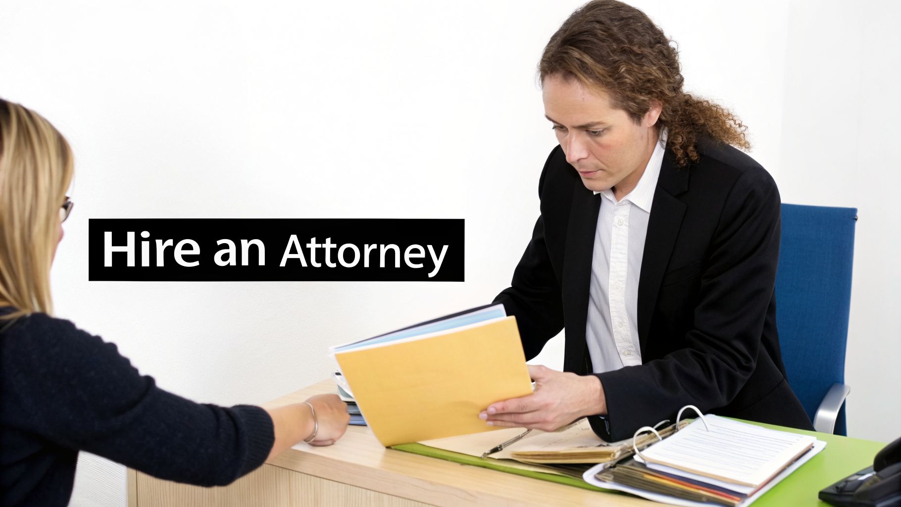 A client consults with an attorney at a desk, reviewing legal documents, with text 'Hire an Attorney'.