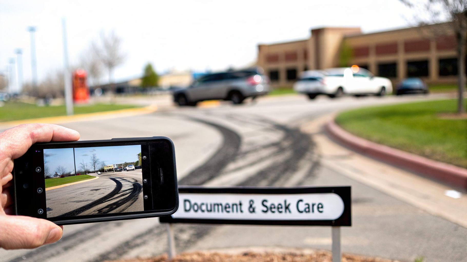 A hand holds a smartphone horizontally, photographing tire marks on a road, with a sign 'Document & Seek Care'.