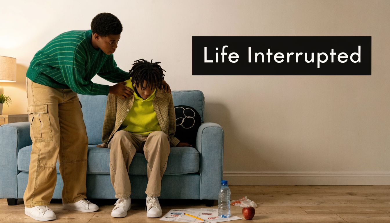 A supportive person stands behind a young man sitting on a couch, illustrating a life interrupted.