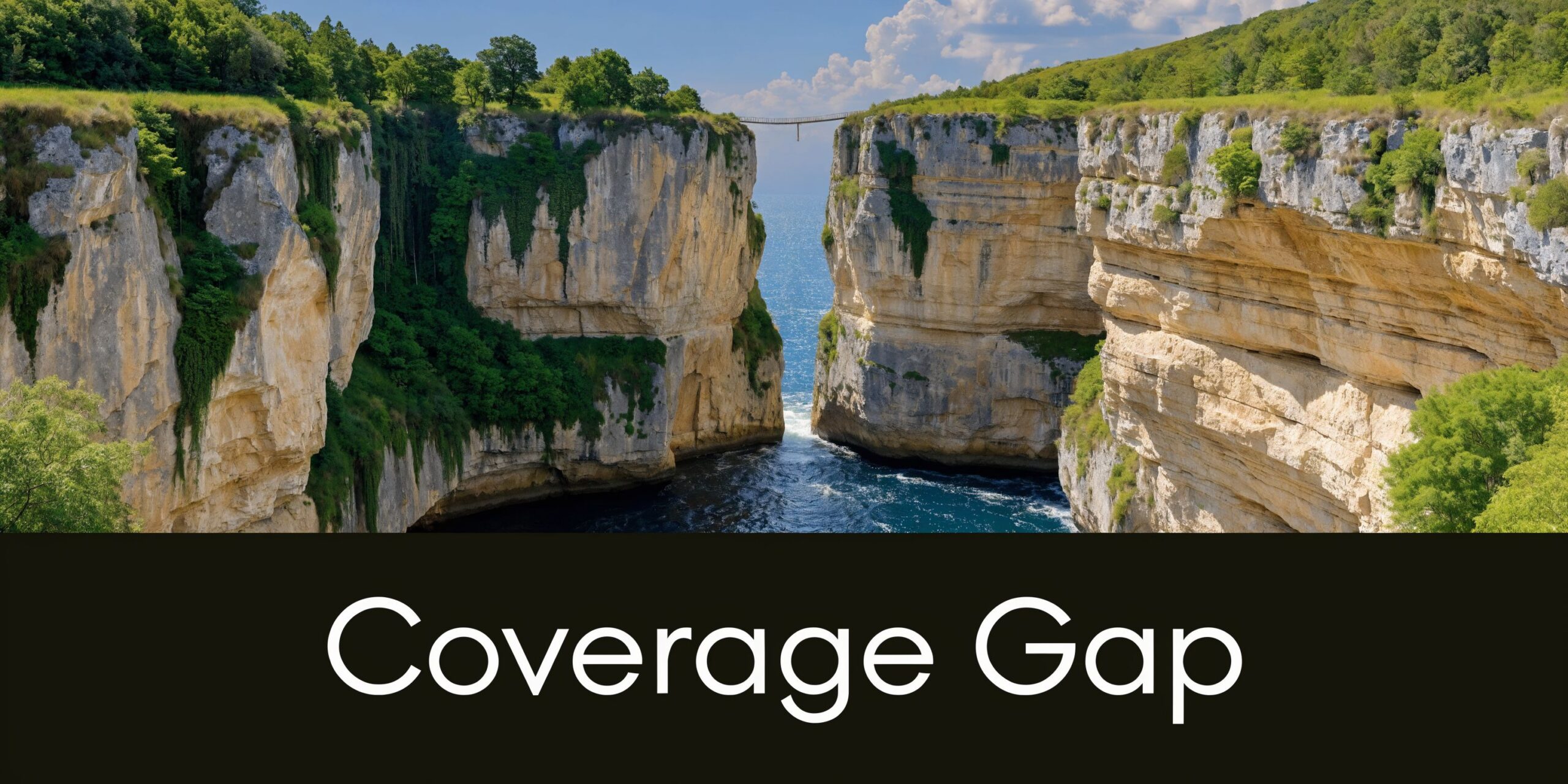 A scenic view of a deep canyon with cliffs separated by water, bridged by a thin walkway.