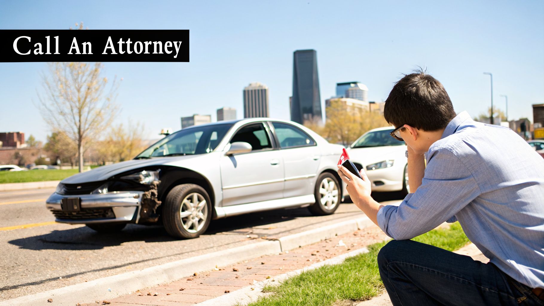 A person uses a smartphone near a damaged car after an accident, with a city skyline.