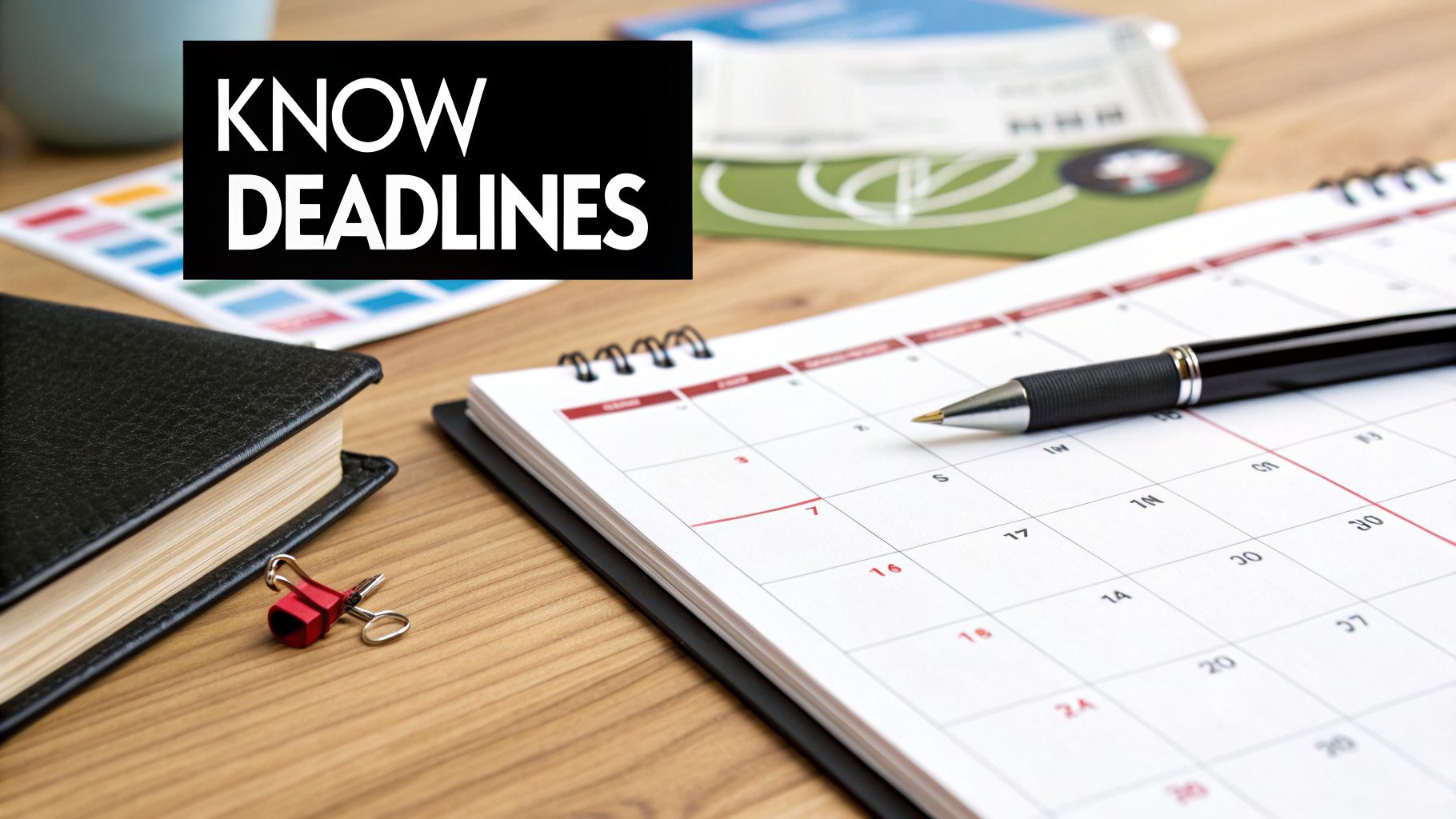 Desk with calendar, pen, notebook, and 'KNOW DEADLINES' text, emphasizing important dates.