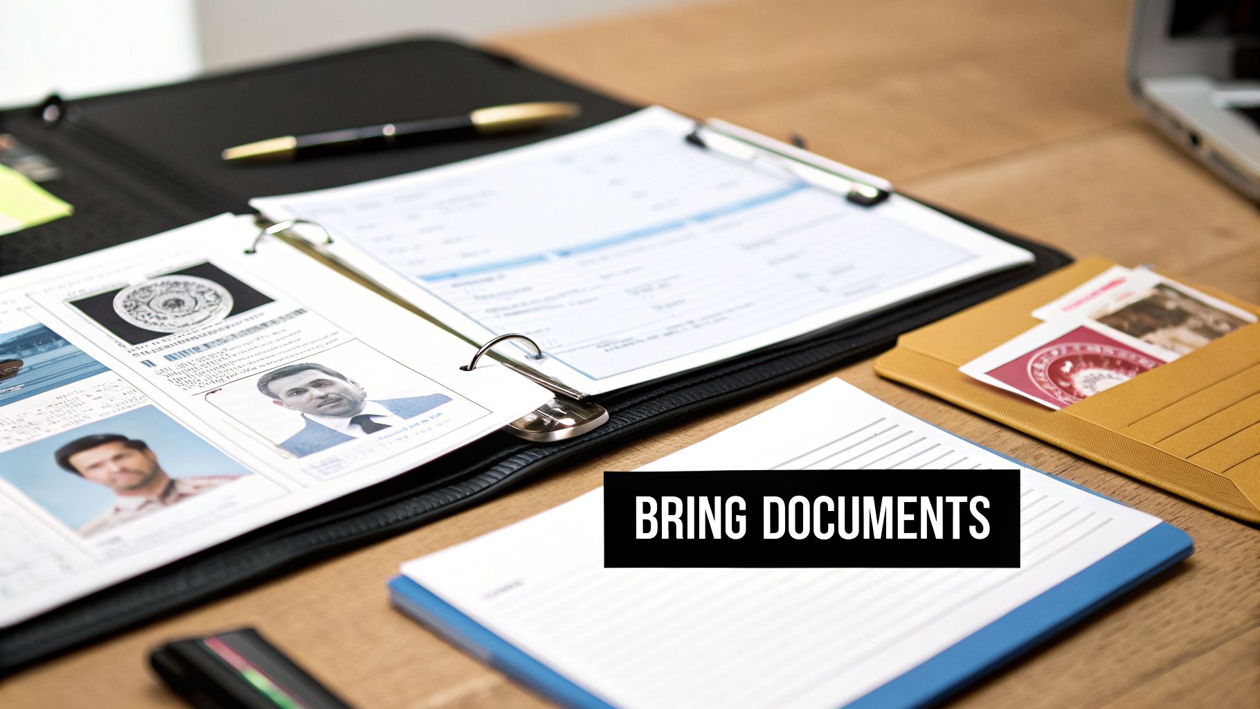 A close-up shot of various documents, a pen, and a folder on a wooden desk.