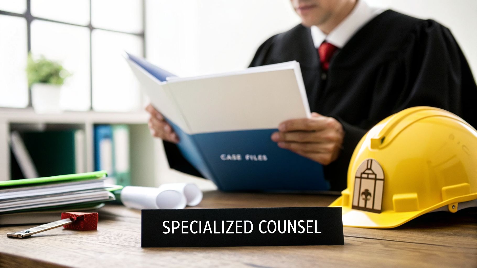 A judge or lawyer reviews case files with a 'Specialized Counsel' sign and hard hat on the desk.