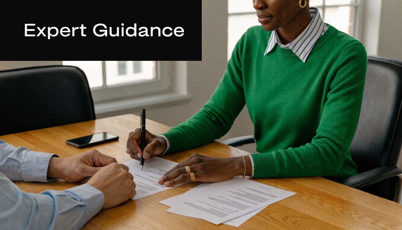 A professional woman in a green sweater signs a legal document with a client at a table.