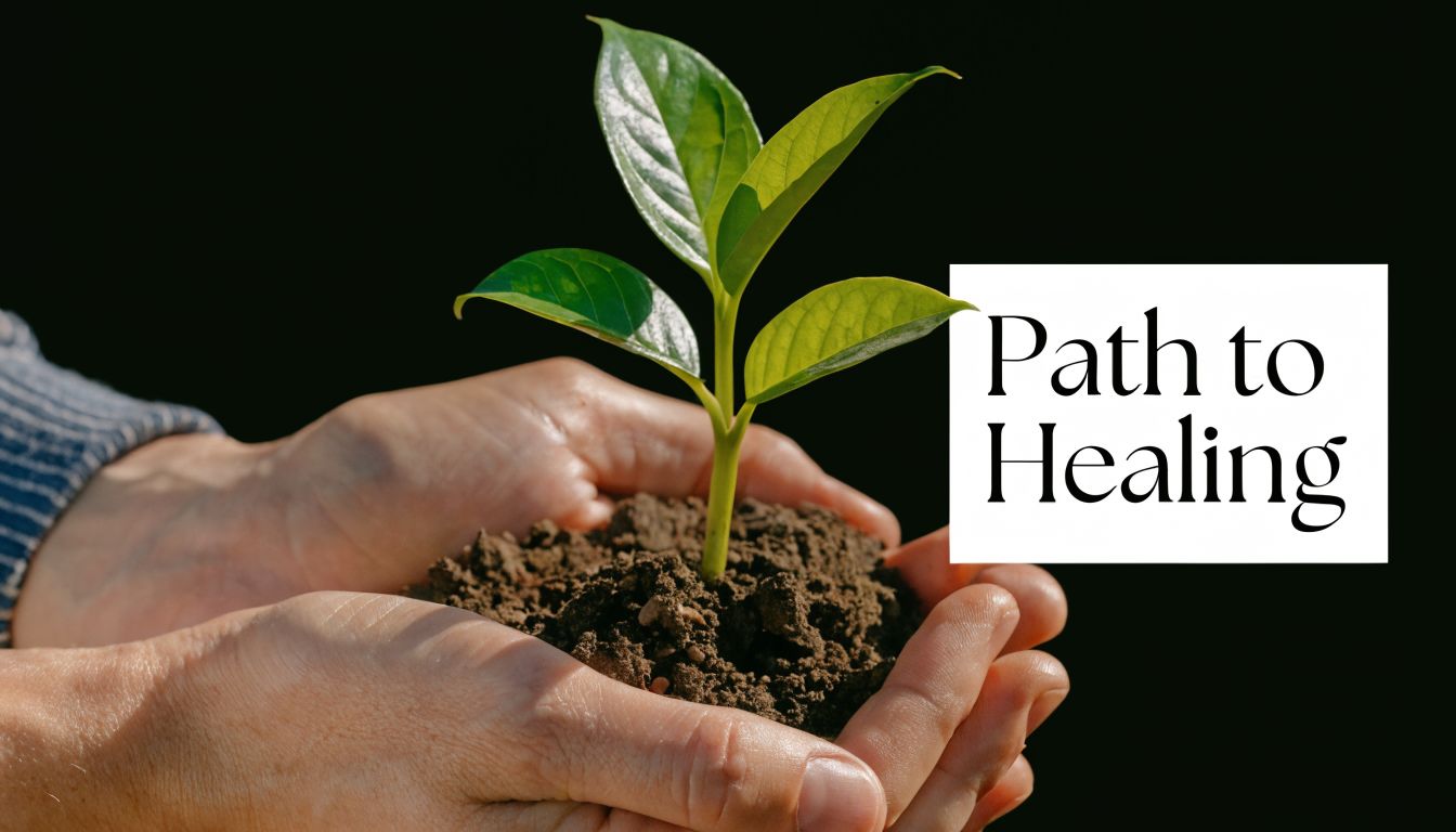 A person holding a small green plant growing out of soil against a dark background.
